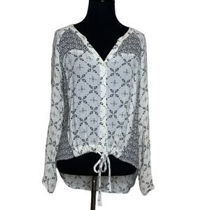 Lucky Brand v neck printed long sleeves front knot tunic top size XS